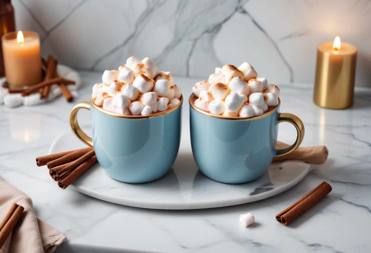 Two blue mugs of hot cocoa with marshmallows Two blue mugs of hot cocoa with marshmallows
