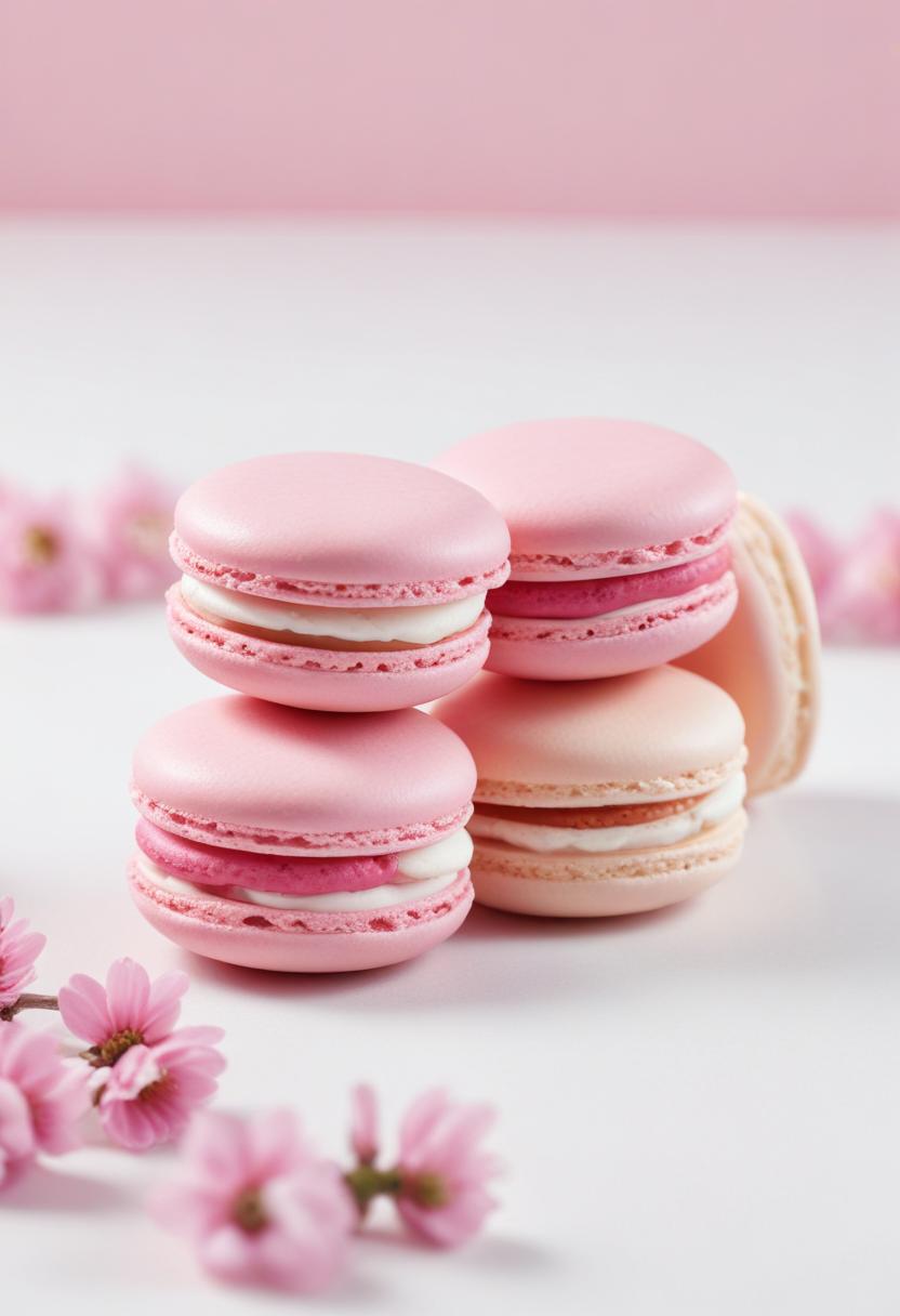 Pink macarons with white and pink filling on a white surface Pink macarons with white and pink filling on a white surface