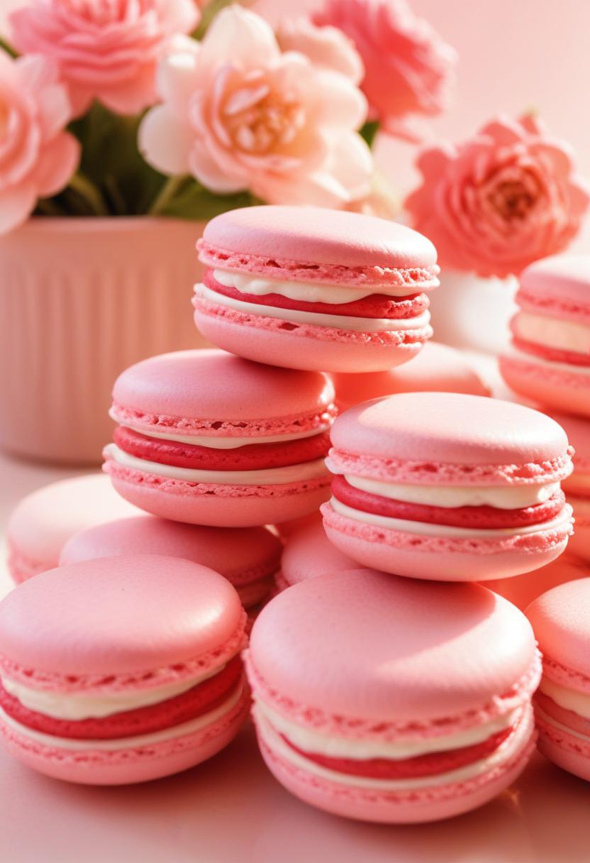 Pink macarons with cream filling sit on a table with flowers Pink macarons with cream filling sit on a table with flowers