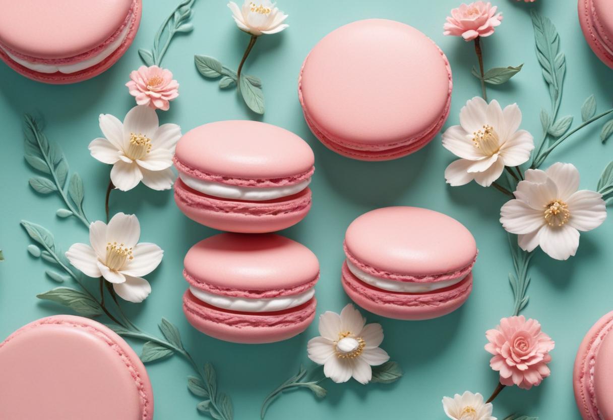 Pink macarons and white flowers on a turquoise background Pink macarons and white flowers on a turquoise background