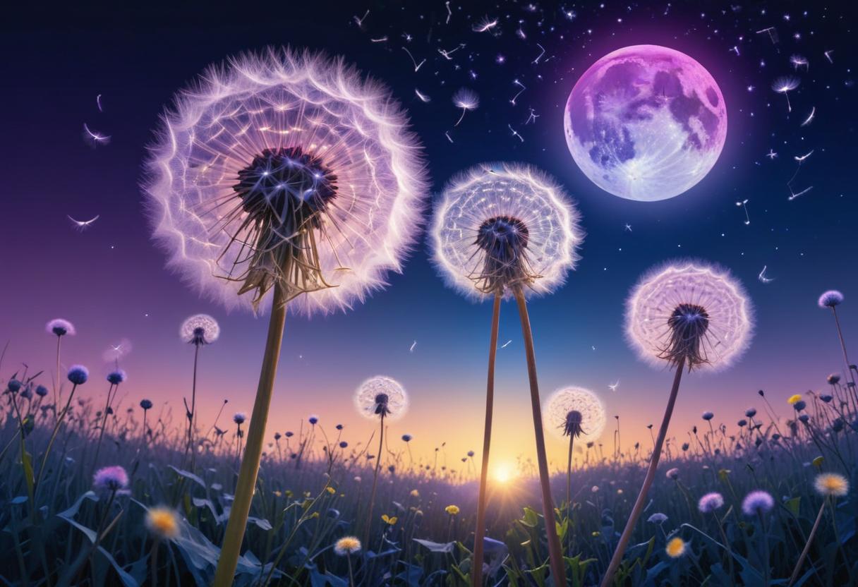 Dandelion seeds drift under a glowing moon Dandelion seeds drift under a glowing moon