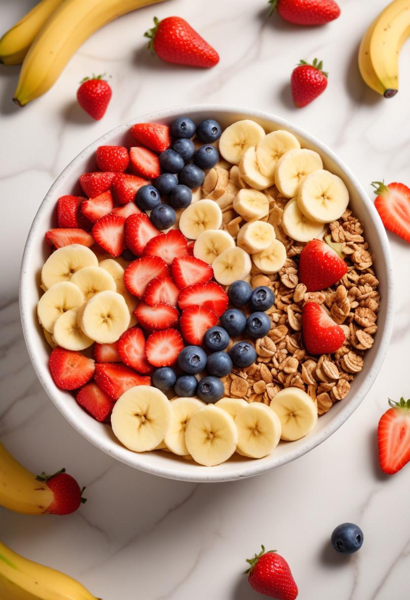 A bowl of fruit and granola, perfect for a healthy breakfast A bowl of fruit and granola, perfect for a healthy breakfast