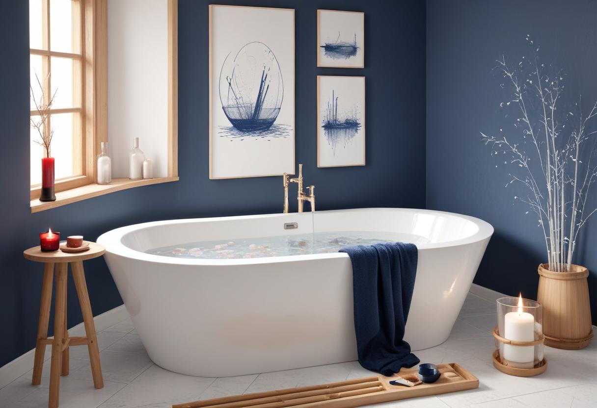 Bathtub with water in a blue-walled bathroom Bathtub with water in a blue-walled bathroom