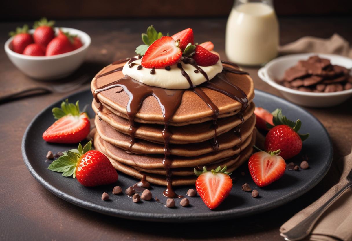 Chocolate pancakes with strawberries and chips Chocolate pancakes with strawberries and chips