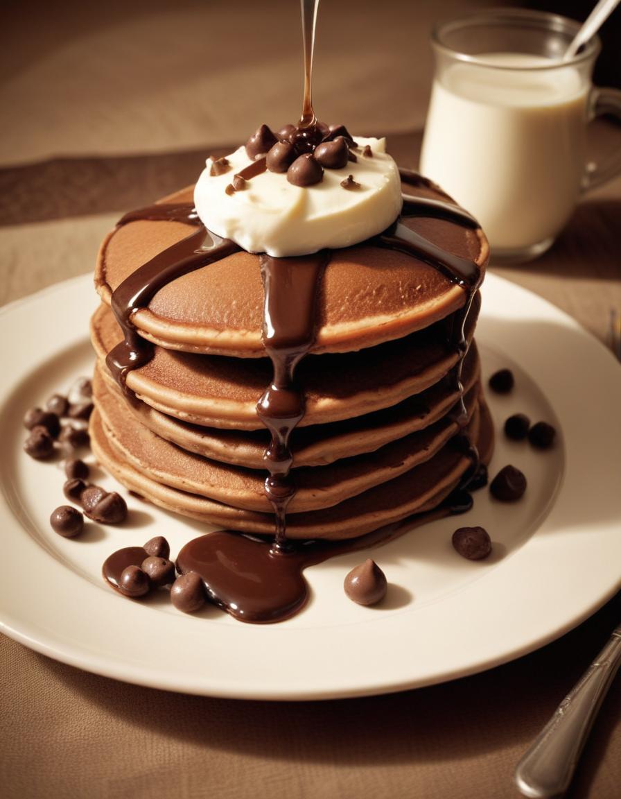 Chocolate pancakes with cream, chips, and sauce Chocolate pancakes with cream, chips, and sauce