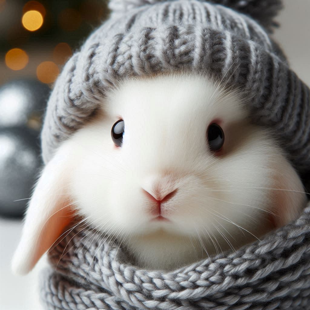 A white rabbit wears a gray knitted hat and scarf A white rabbit wears a gray knitted hat and scarf
