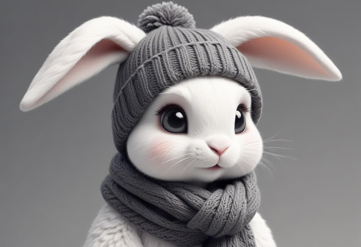 A white rabbit wearing a gray hat and scarf A white rabbit wearing a gray hat and scarf