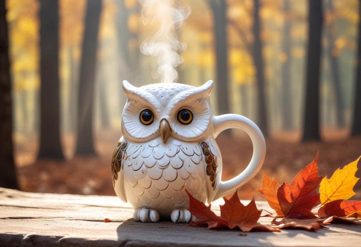A white owl mug sits on a table in the woods A white owl mug sits on a table in the woods