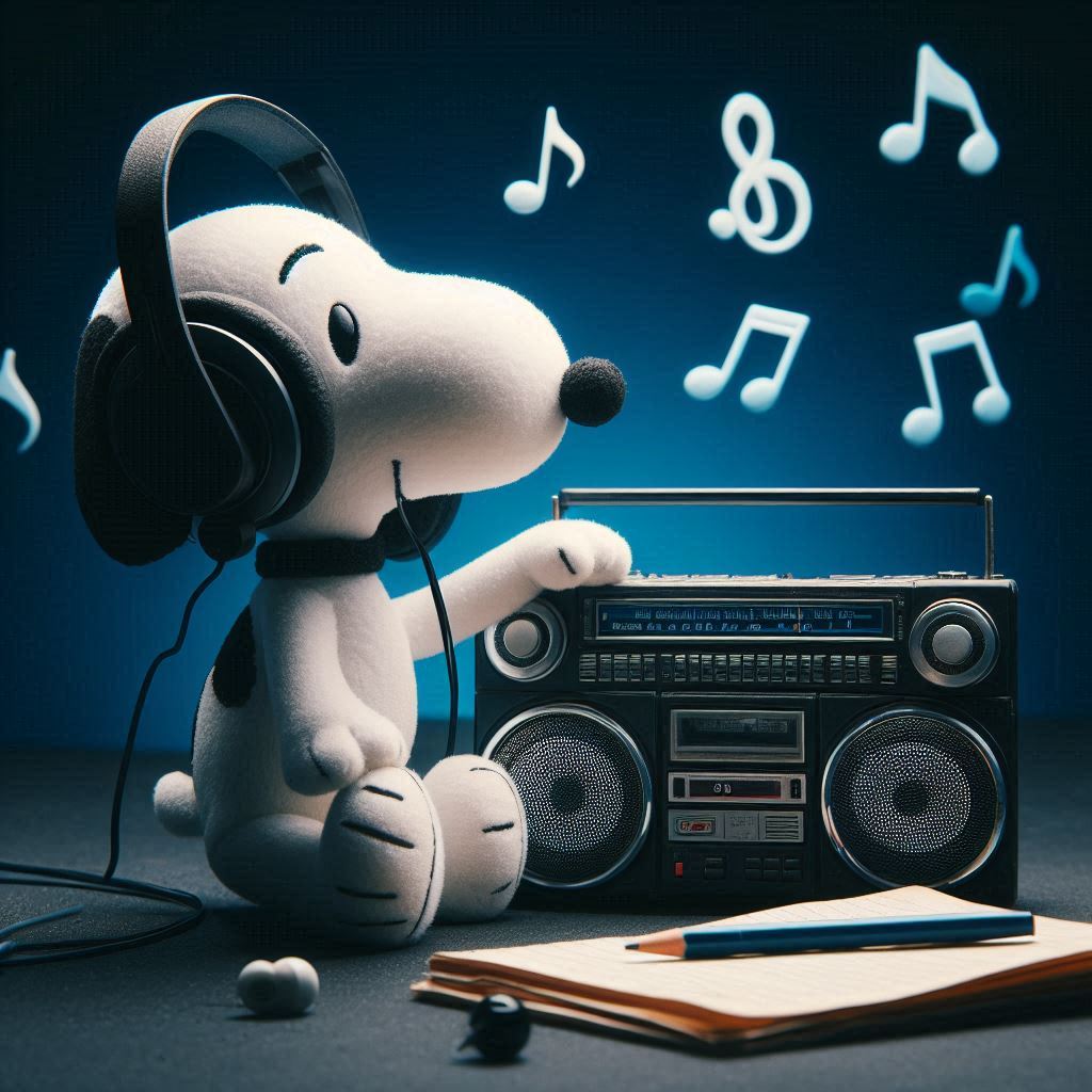 Snoopy listens to music with headphones