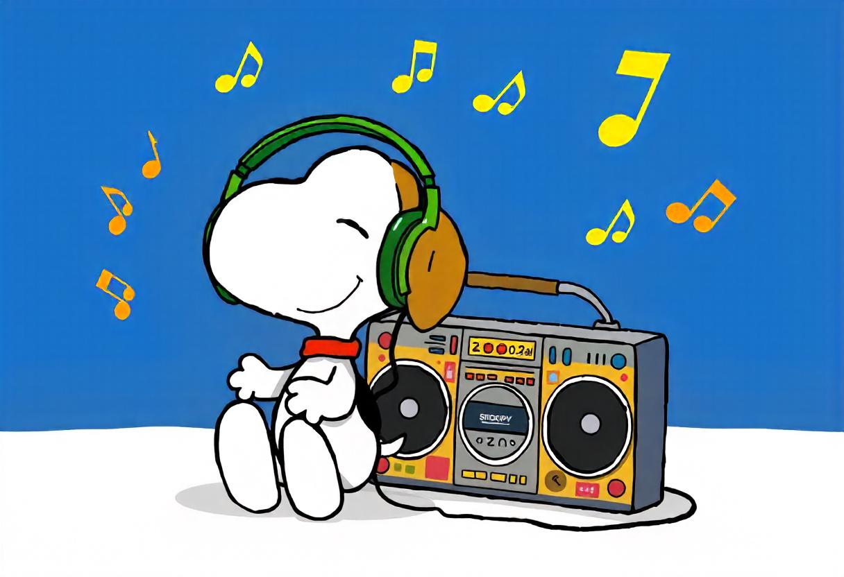 Snoopy enjoys listening to music with headphones