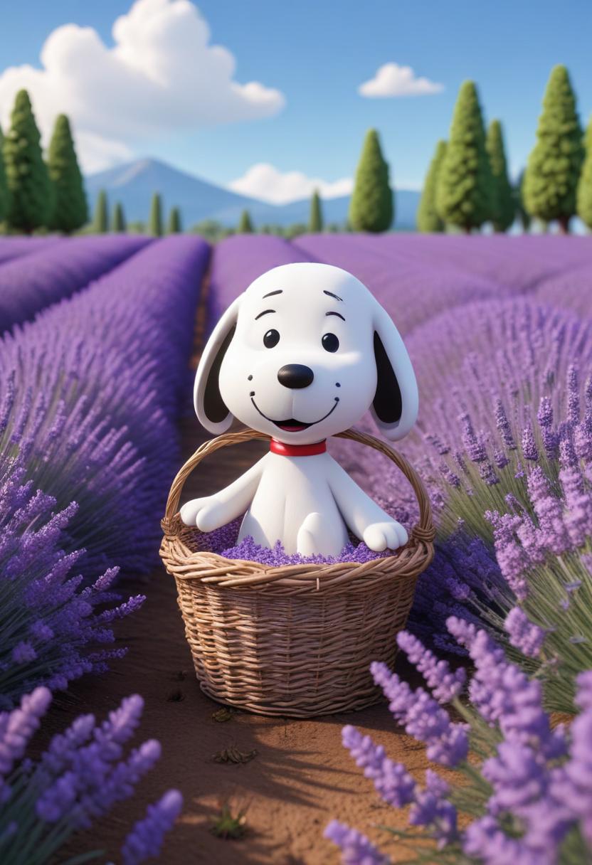 A cartoon dog sits in a basket filled with lavender A cartoon dog sits in a basket filled with lavender