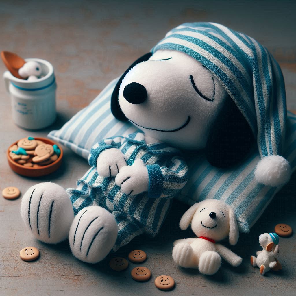 A plush dog wearing pajamas sleeps on a striped pillow A plush dog wearing pajamas sleeps on a striped pillow