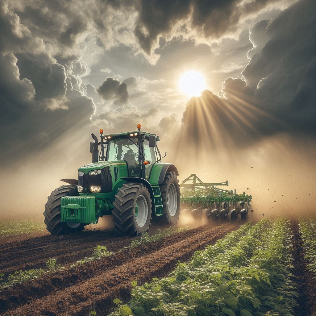 A green tractor plows a field at sunset A green tractor plows a field at sunset