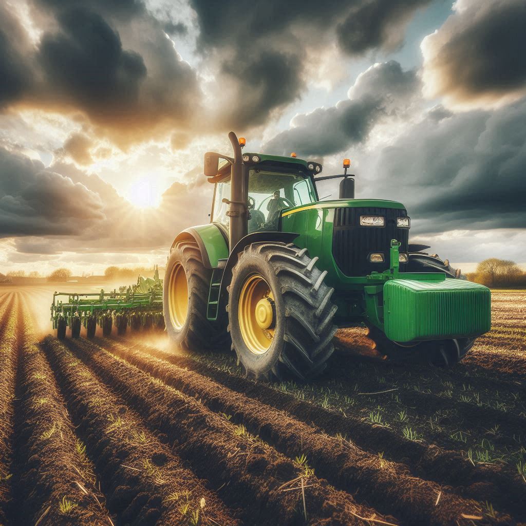 A green tractor plows a field at sunset A green tractor plows a field at sunset