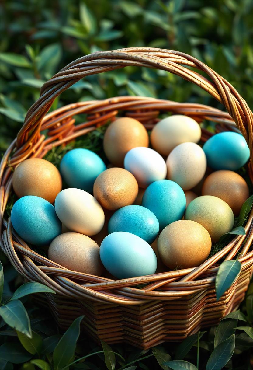 A woven basket is filled with brown, white, and blue eggs A woven basket is filled with brown, white, and blue eggs