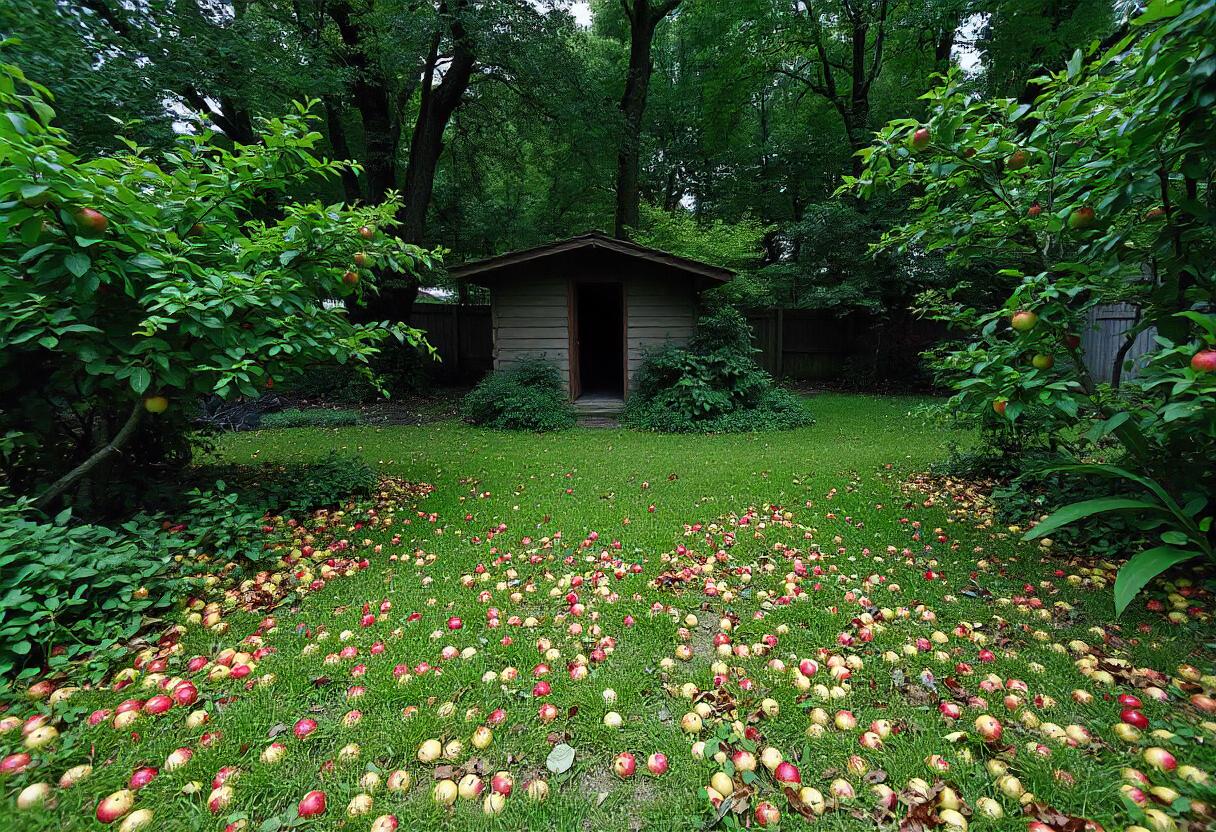 Fallen apples cover the grass in front of a shed Fallen apples cover the grass in front of a shed