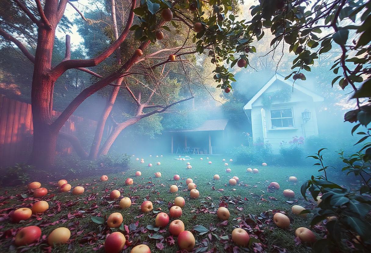 A white house sits behind a tree, surrounded by fog A white house sits behind a tree, surrounded by fog