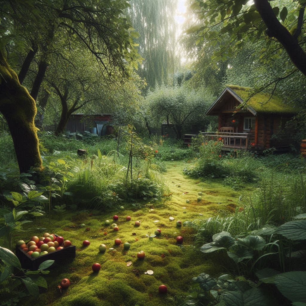 A cabin lies in a green forest with scattered apples A cabin lies in a green forest with scattered apples