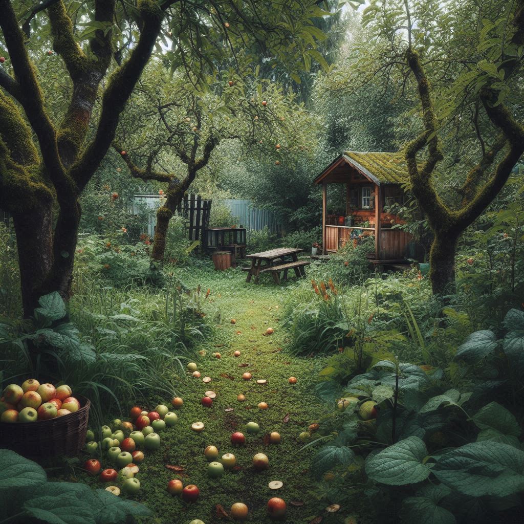 A small cabin sits in a lush, green garden A small cabin sits in a lush, green garden