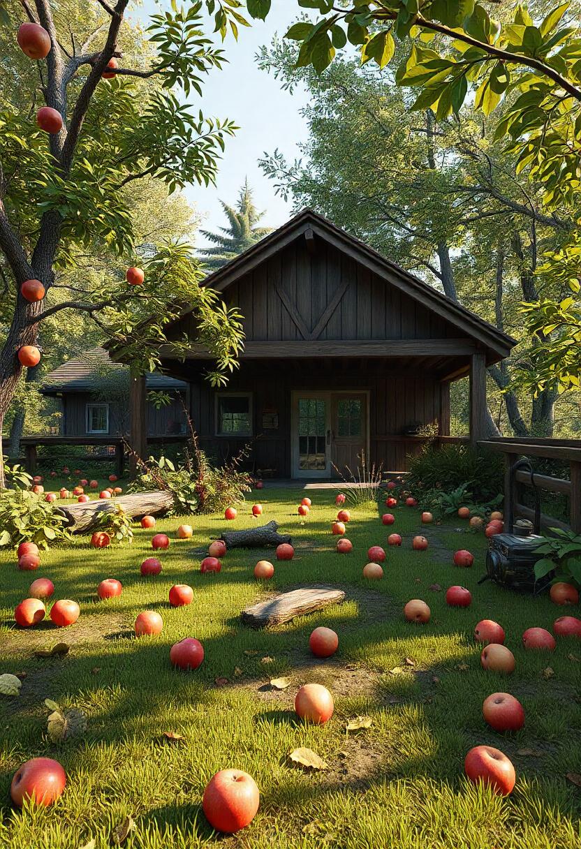 A sunlit cabin is surrounded by fallen apples A sunlit cabin is surrounded by fallen apples