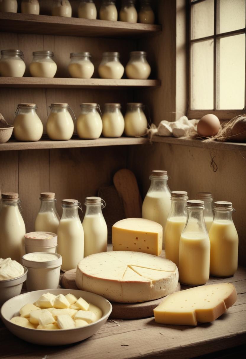 Dairy products sit on a wooden table Dairy products sit on a wooden table