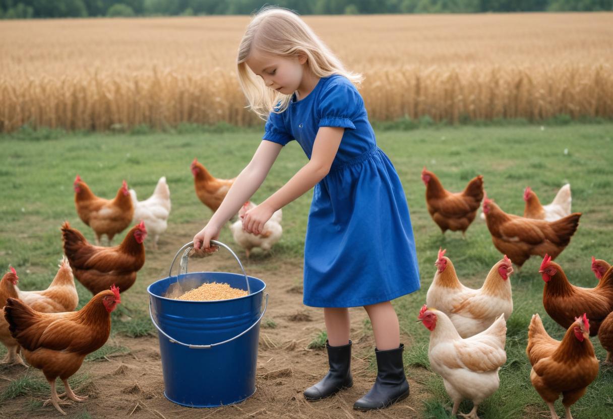 A young girl feeds chickens in a field A young girl feeds chickens in a field