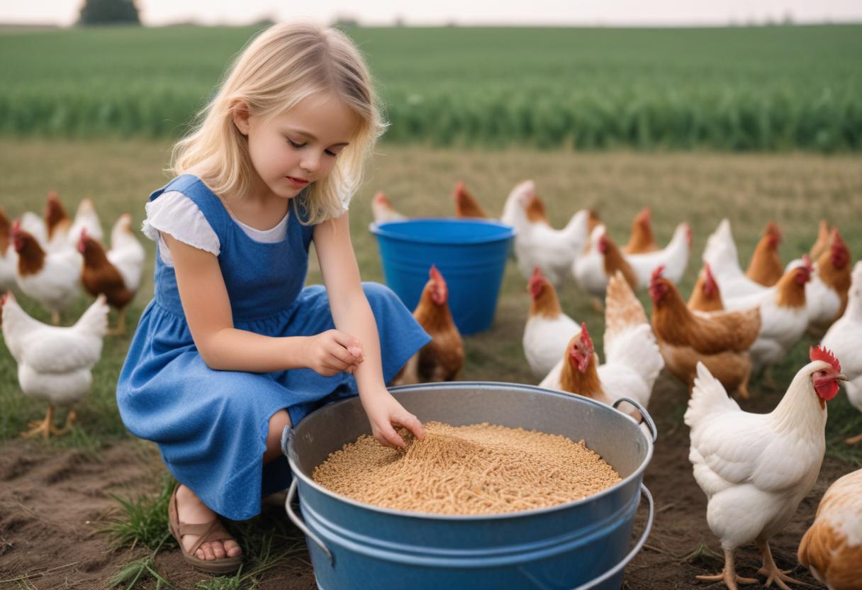 A young girl feeds chickens on a farm A young girl feeds chickens on a farm