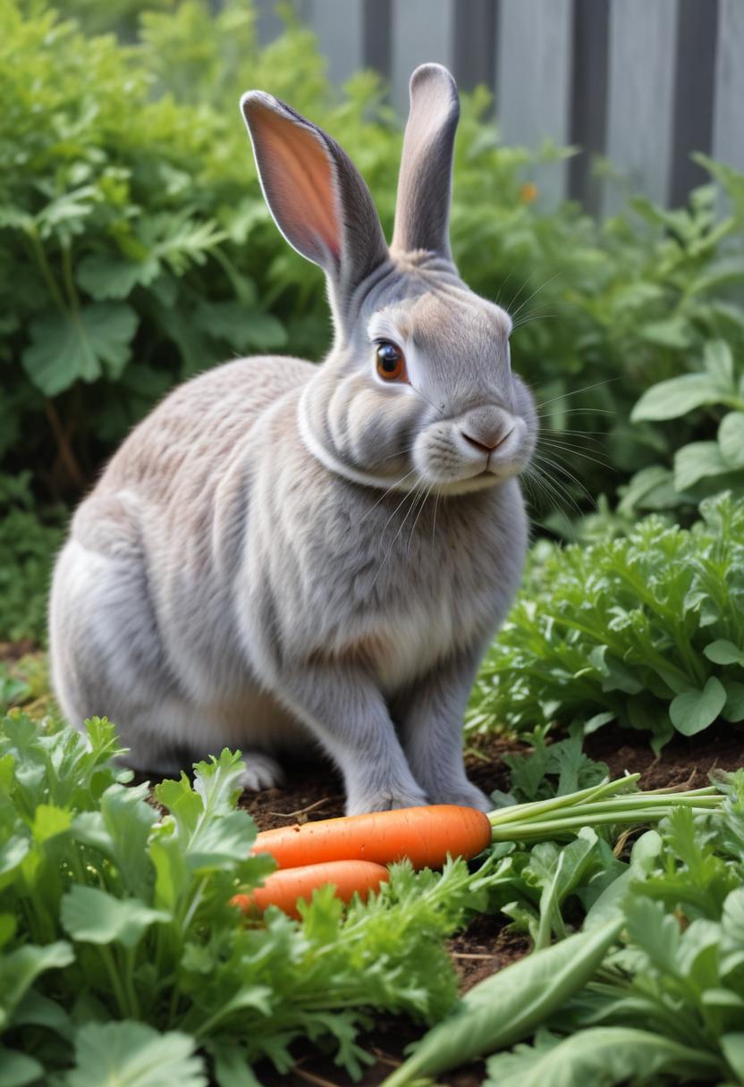 A grey rabbit sits in a garden with carrots A grey rabbit sits in a garden with carrots