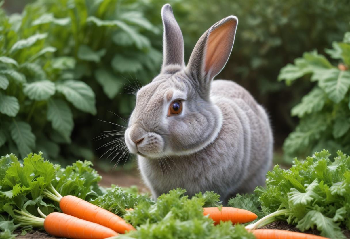 Gray rabbit in garden of green plants and carrots Gray rabbit in garden of green plants and carrots