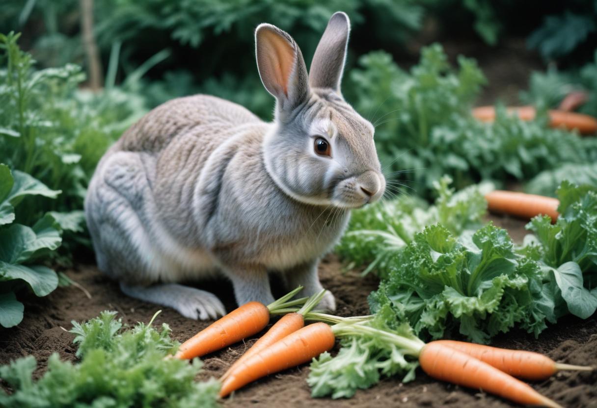 A gray rabbit sits in a garden with carrots A gray rabbit sits in a garden with carrots
