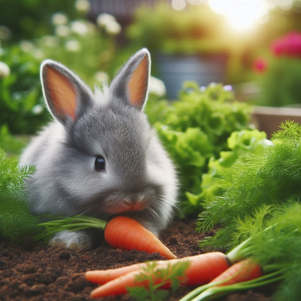 A gray rabbit eats a carrot in a garden A gray rabbit eats a carrot in a garden