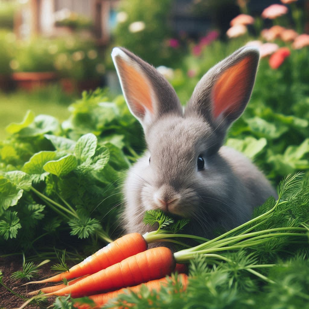 A gray bunny sits in a garden, eating carrots A gray bunny sits in a garden, eating carrots