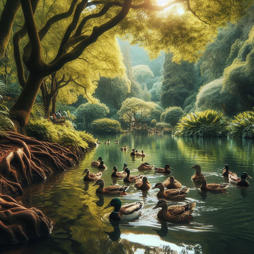 Ducks swim in a pond surrounded by trees Ducks swim in a pond surrounded by trees