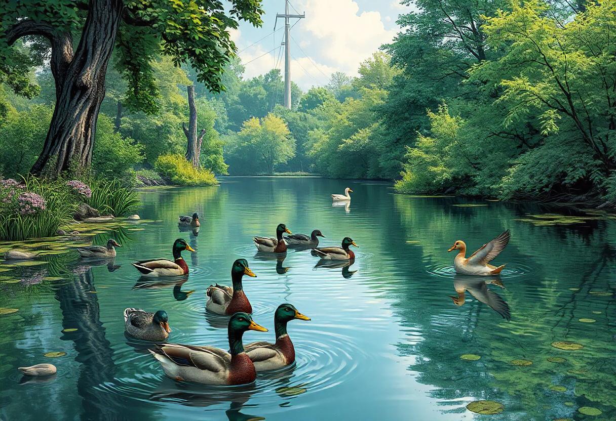 Ducks swim peacefully on a calm lake surrounded by trees Ducks swim peacefully on a calm lake surrounded by trees