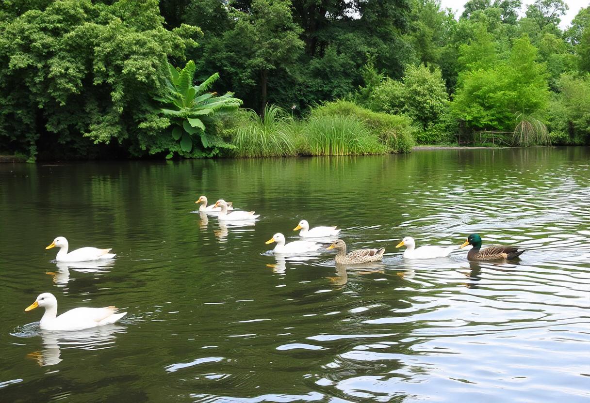 Ducks swim in a pond surrounded by lush greenery Ducks swim in a pond surrounded by lush greenery