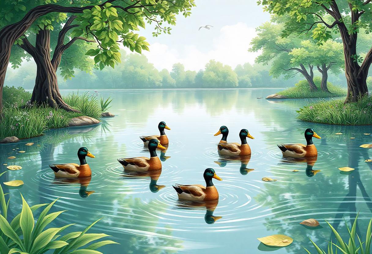 Six ducks swim peacefully in a calm lake Six ducks swim peacefully in a calm lake