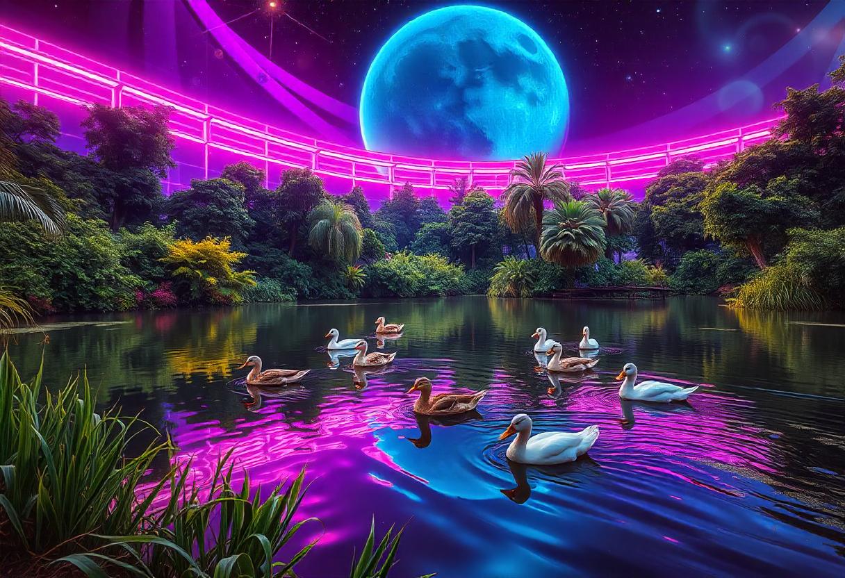 Ducks swim in a lake under a giant moon Ducks swim in a lake under a giant moon