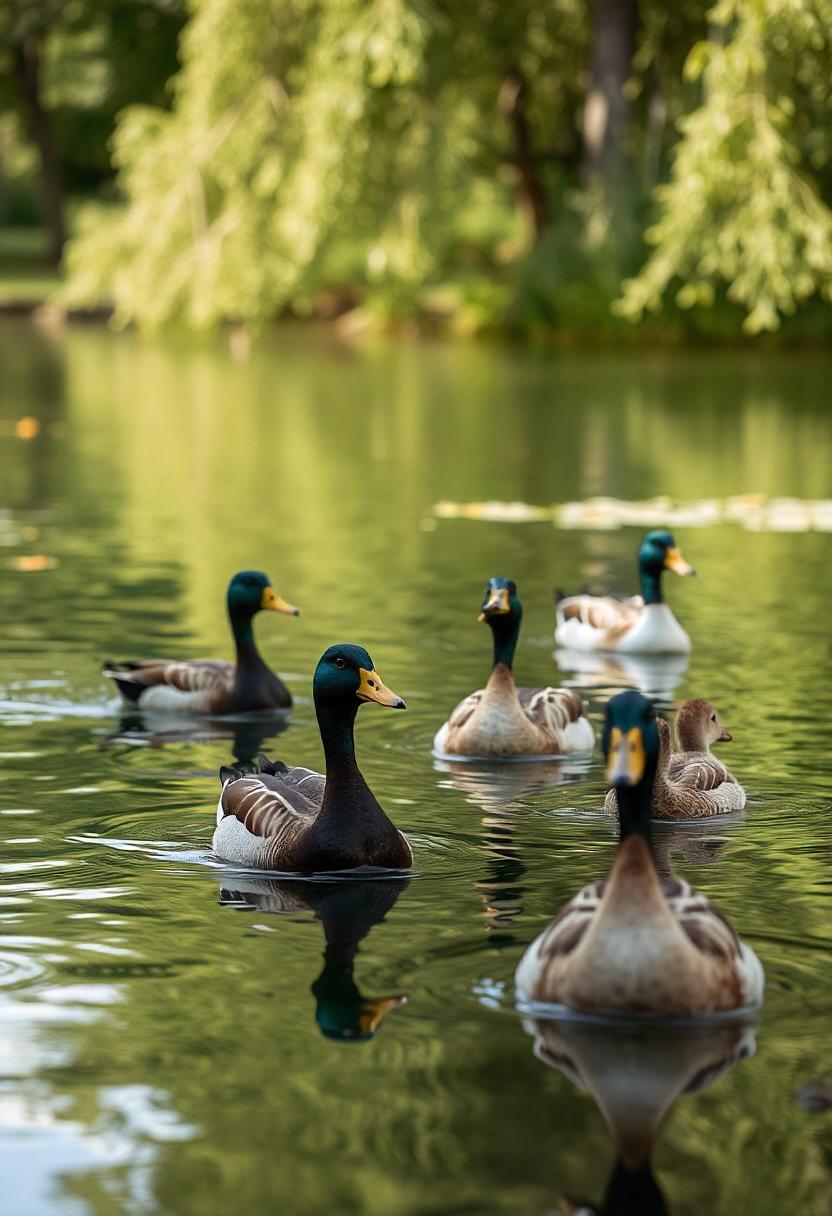 Ducks swim in a pond surrounded by greenery Ducks swim in a pond surrounded by greenery