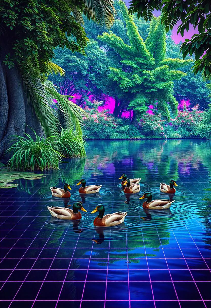 Ducks swim in a tranquil pond surrounded by lush foliage Ducks swim in a tranquil pond surrounded by lush foliage
