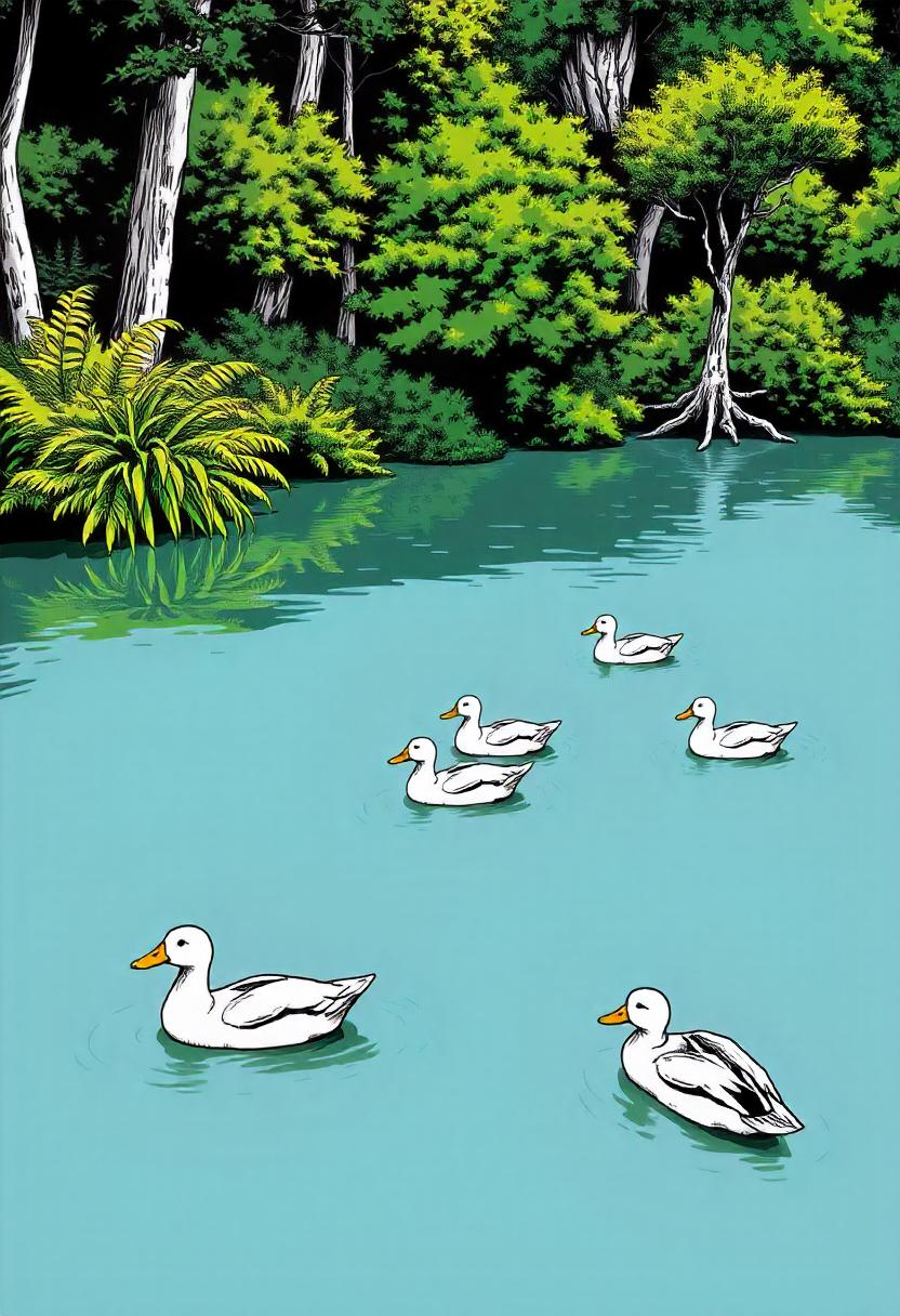 White ducks swim in a serene pond surrounded by trees White ducks swim in a serene pond surrounded by trees
