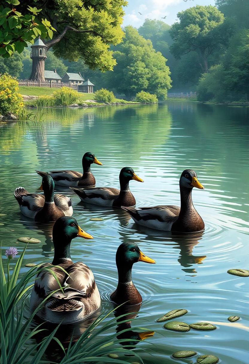 Ducks swim in a serene lake near a forest Ducks swim in a serene lake near a forest
