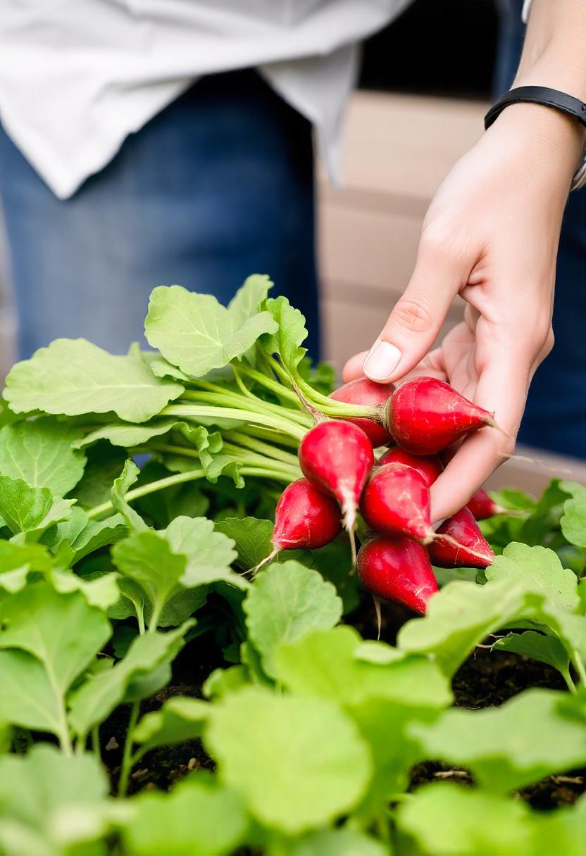 A hand picks fresh radishes from a garden A hand picks fresh radishes from a garden