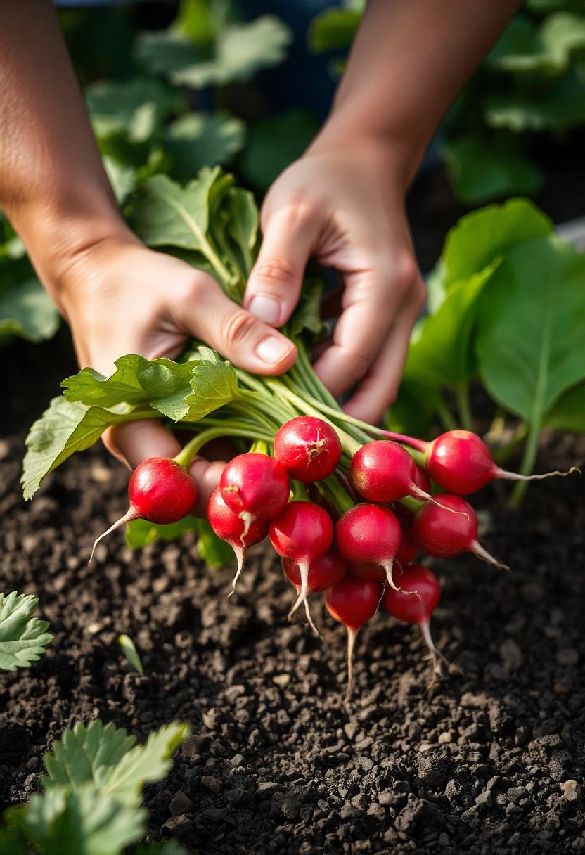 Hands hold fresh radishes from a garden Hands hold fresh radishes from a garden