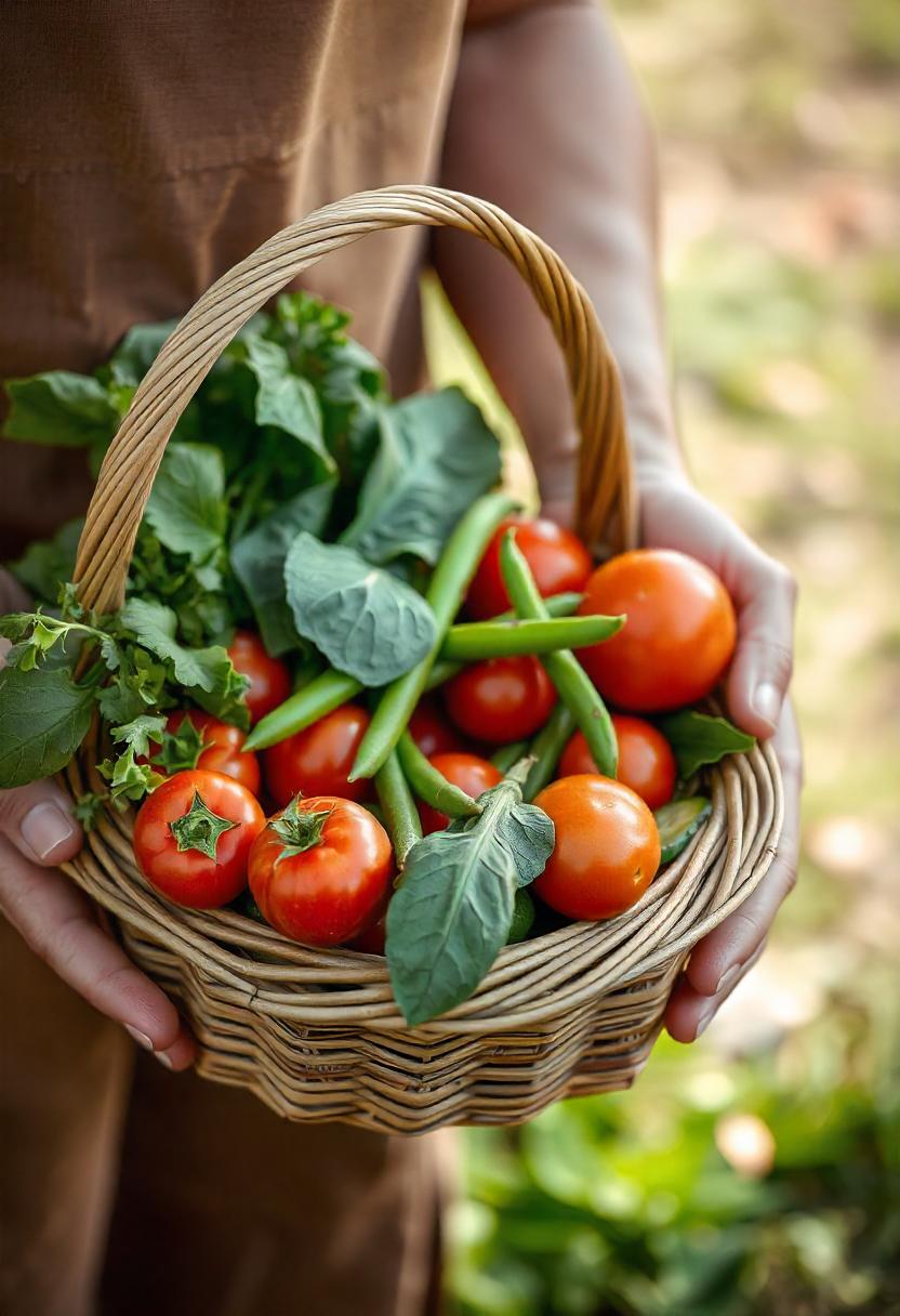 Freshly picked tomatoes and green beans in a basket Freshly picked tomatoes and green beans in a basket