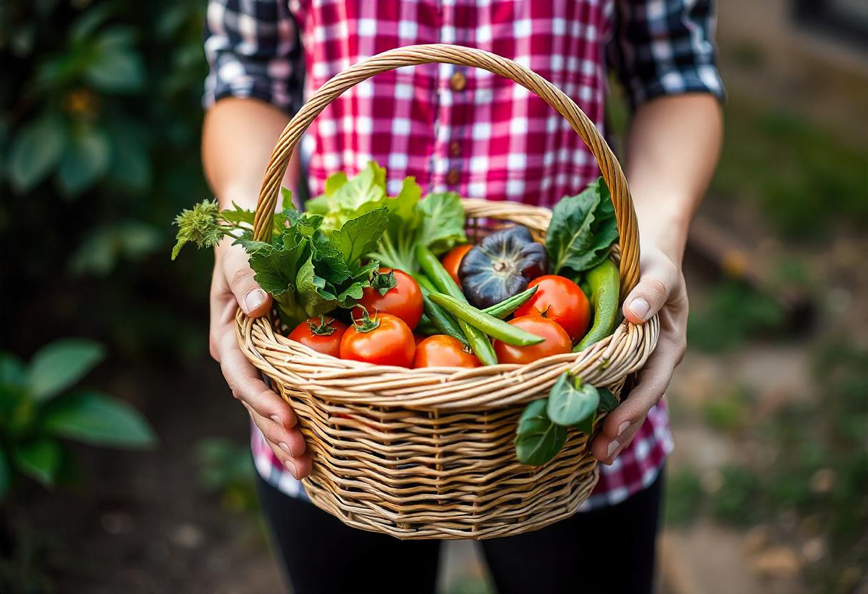 A person holds a basket of fresh vegetables A person holds a basket of fresh vegetables