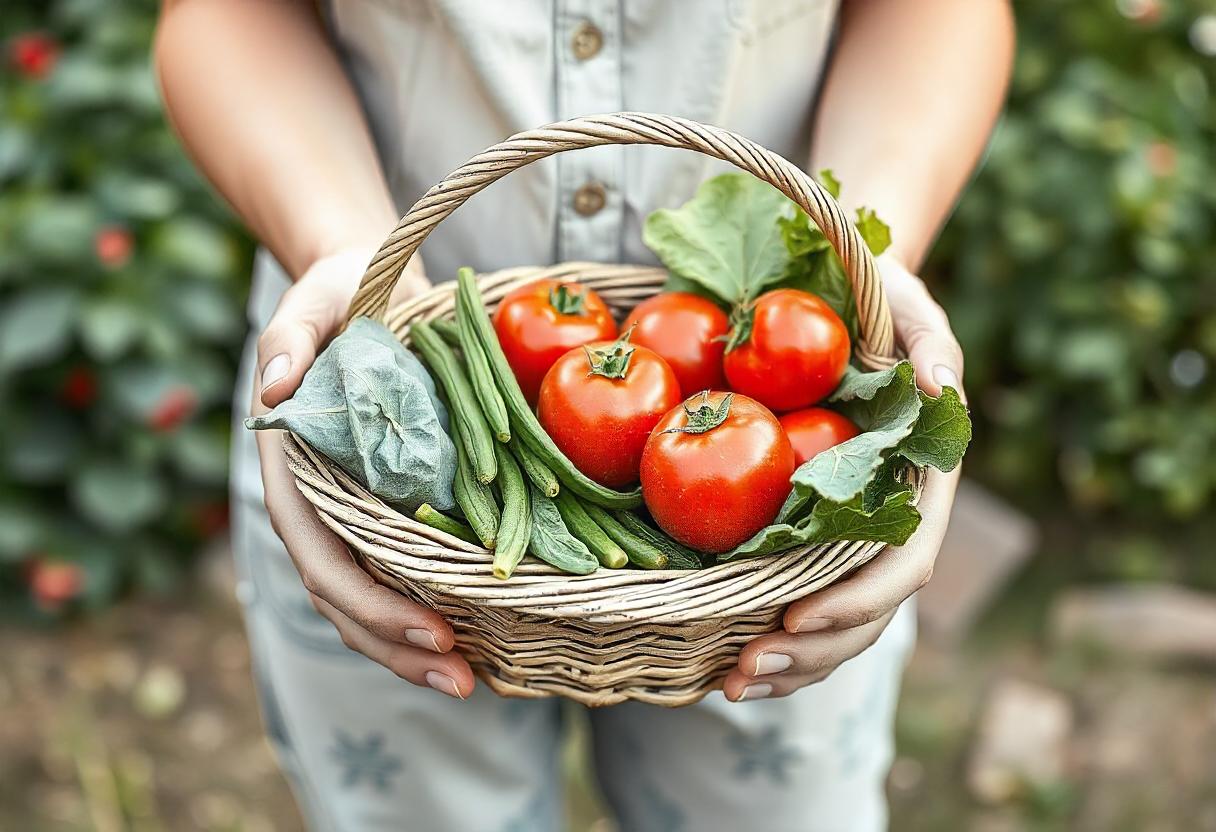 A person holds a basket of fresh tomatoes and green beans A person holds a basket of fresh tomatoes and green beans