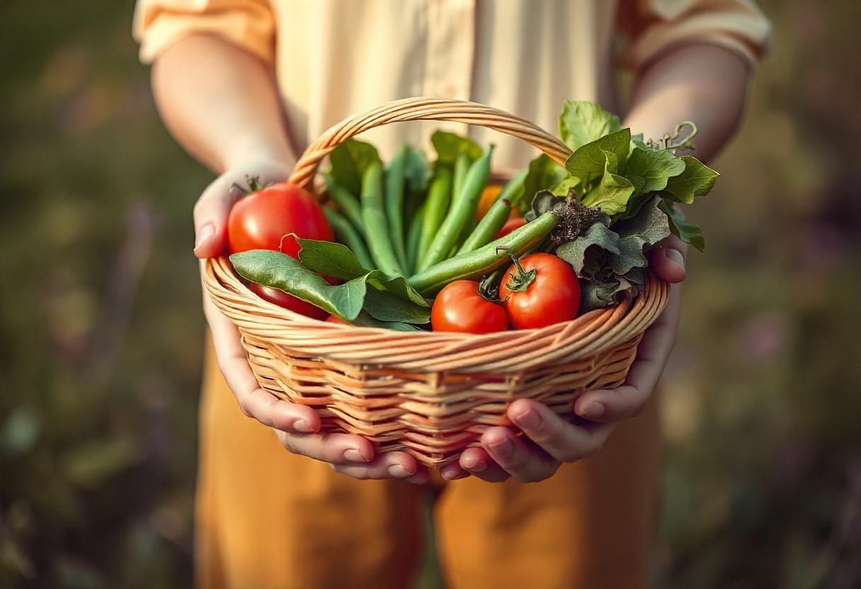 Hands hold a basket of fresh tomatoes and beans Hands hold a basket of fresh tomatoes and beans