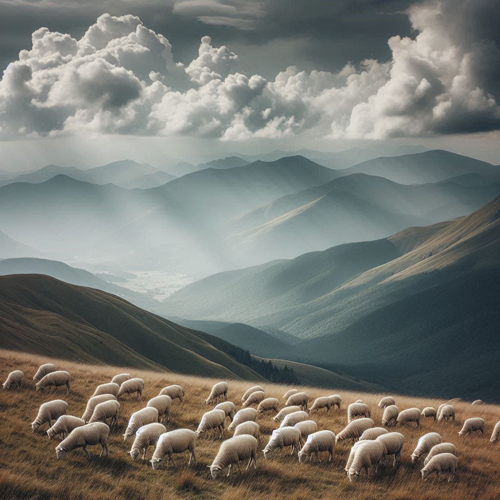 A flock of sheep graze on a hillside in the mountains A flock of sheep graze on a hillside in the mountains