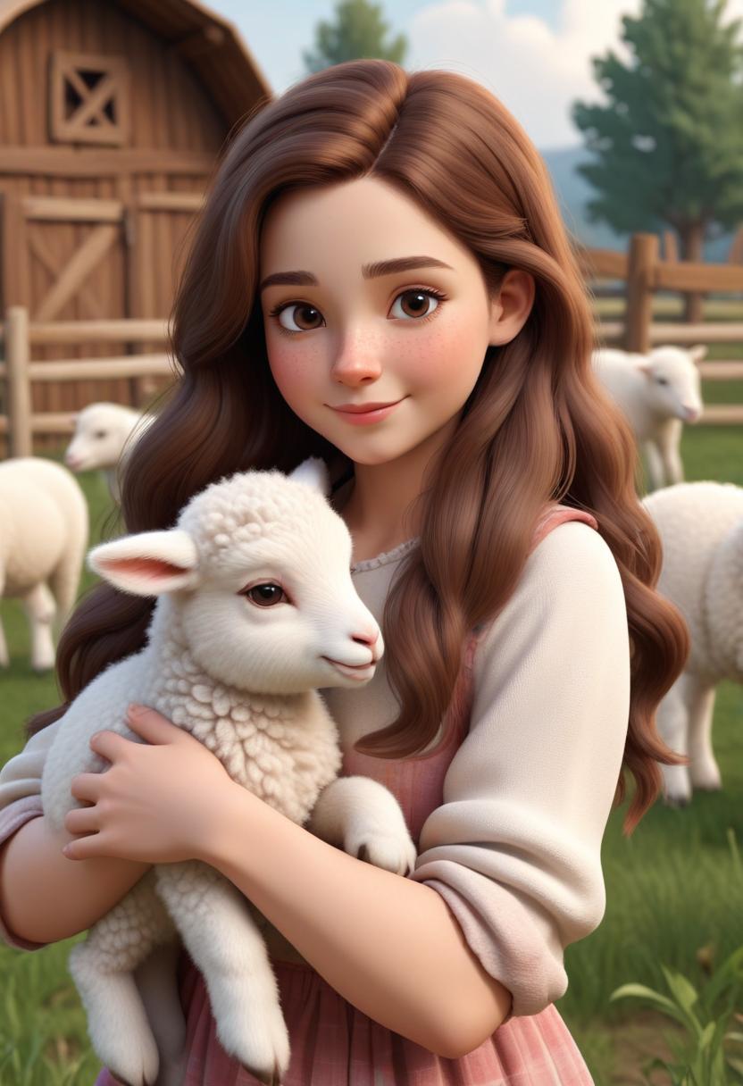 A young woman holds a lamb in a farm setting A young woman holds a lamb in a farm setting