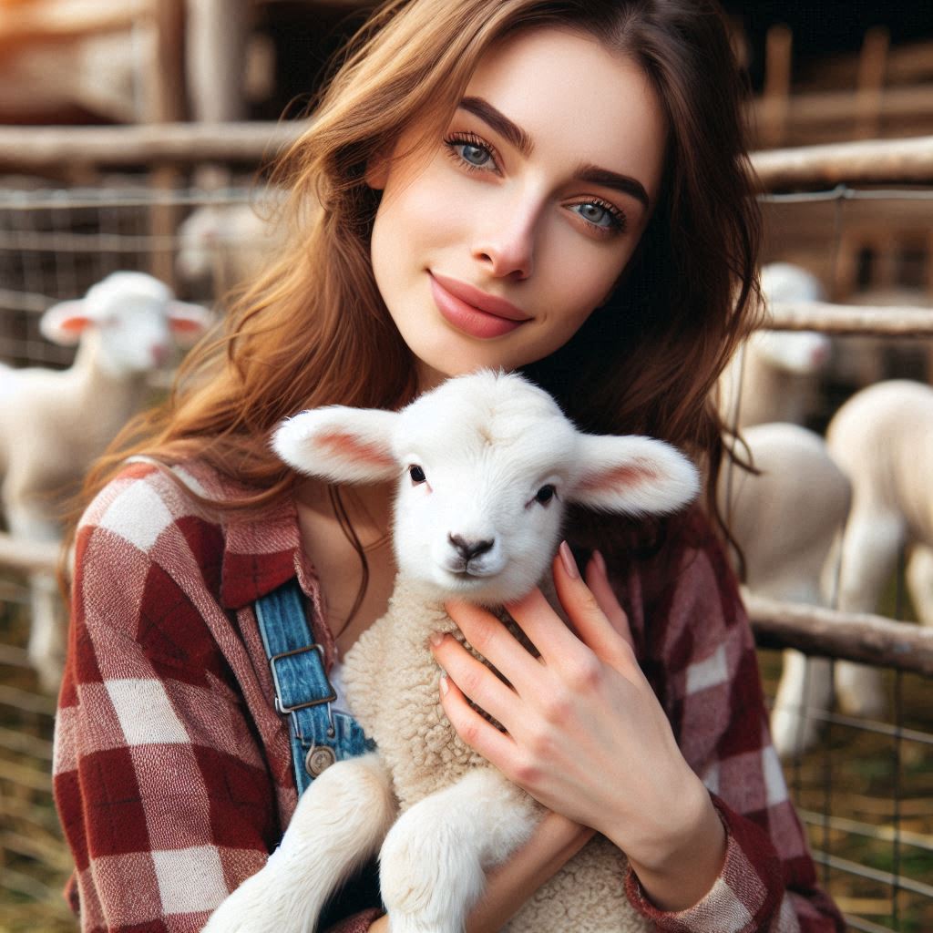 A woman holds a lamb in a farm setting A woman holds a lamb in a farm setting